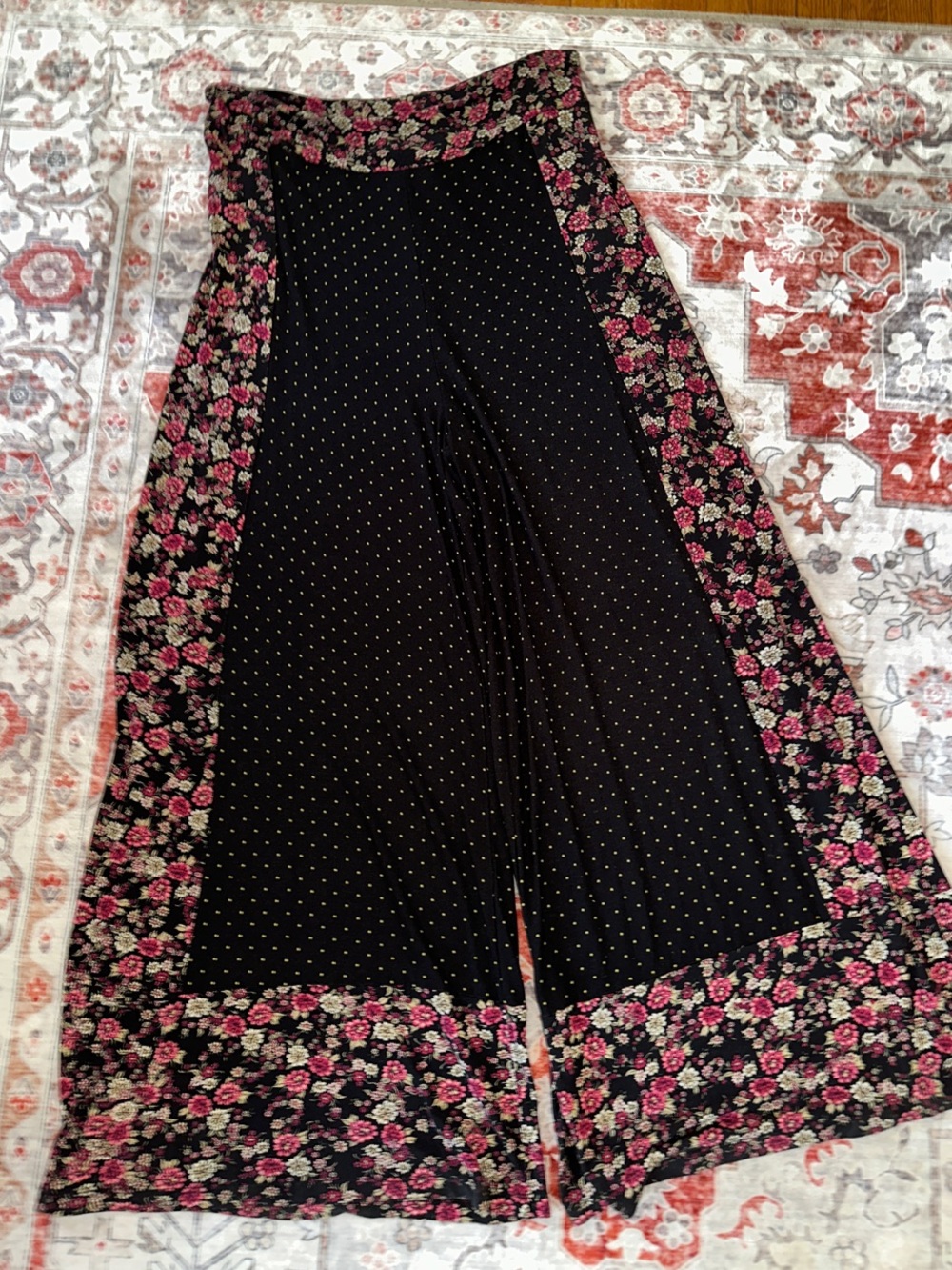 FARM Rio for Anthropologie Black Wide-Leg Pants Pink Floral Trim sz L polka dots